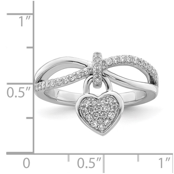 925 Sterling Silver Rhodium-plated CZ Heart Dangle Ring - Picture 5 of 7